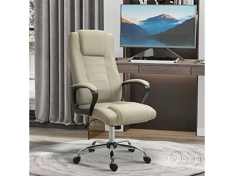 Chaise de bureau réglable en hauteur avec fonction bascule, revêtement aspect lin beige, confortable pour bureau ou home office