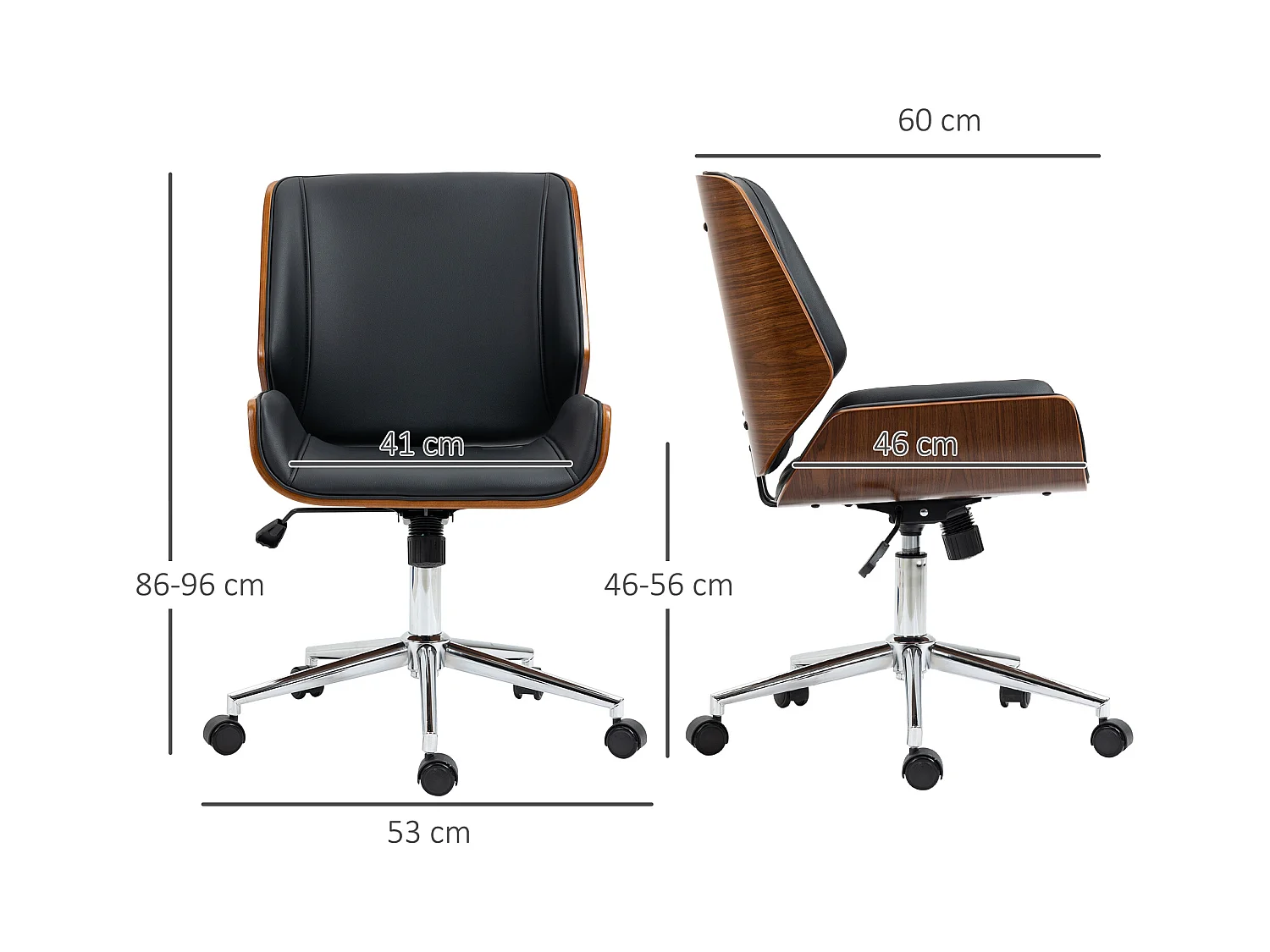 Fauteuil de bureau rétro, chaise de bureau en bois réglable en hauteur, pivotante avec fonction bascule, design élégant, noir