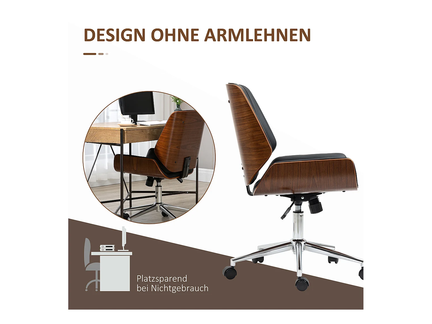 Fauteuil de bureau rétro, chaise de bureau en bois réglable en hauteur, pivotante avec fonction bascule, design élégant, noir