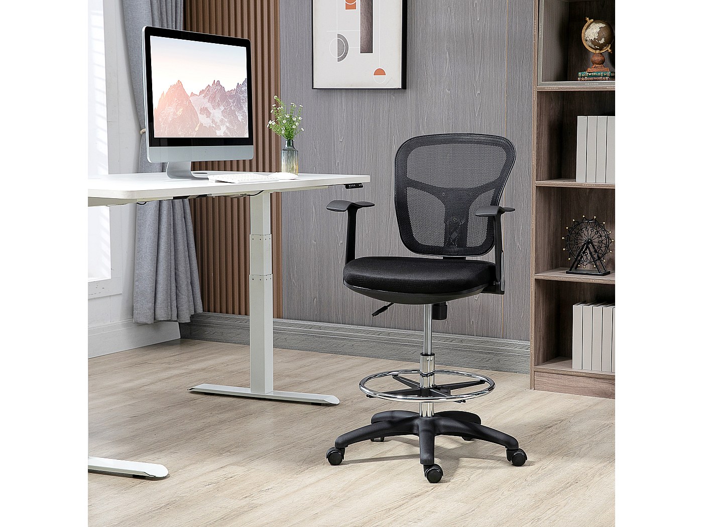 Songmics Bureaustoel, draaistoel van netweefsel, in hoogte verstelbaar, met armleuningen en hoofdsteun, vrije rugleuning, 64 x 54 x (113-123) cm (l x b x h