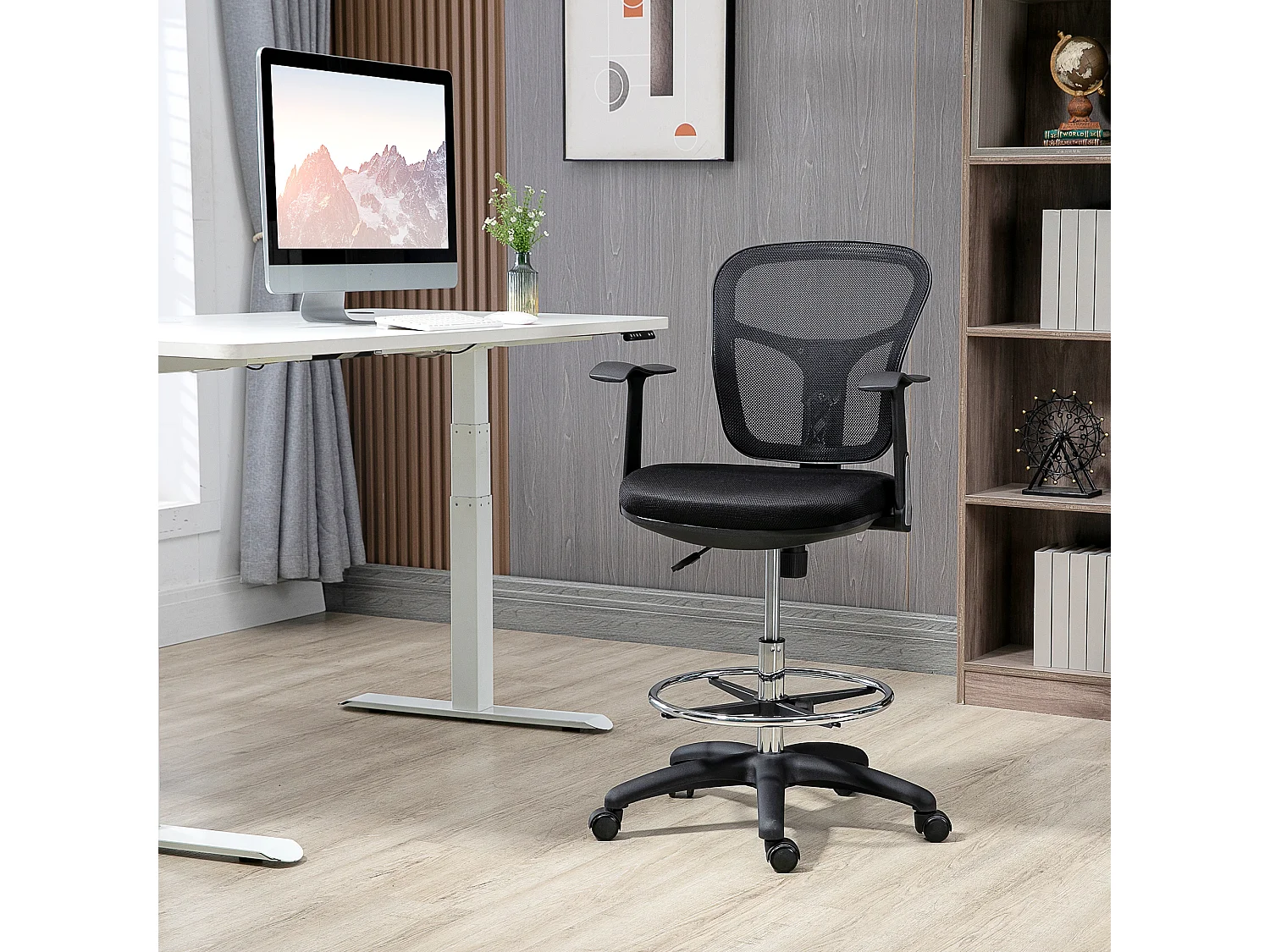 Fauteuil de bureau ergonomique type ordinateur, réglable, avec accoudoirs et repose-pieds, tissu mesh noir, pour bureau ou home office