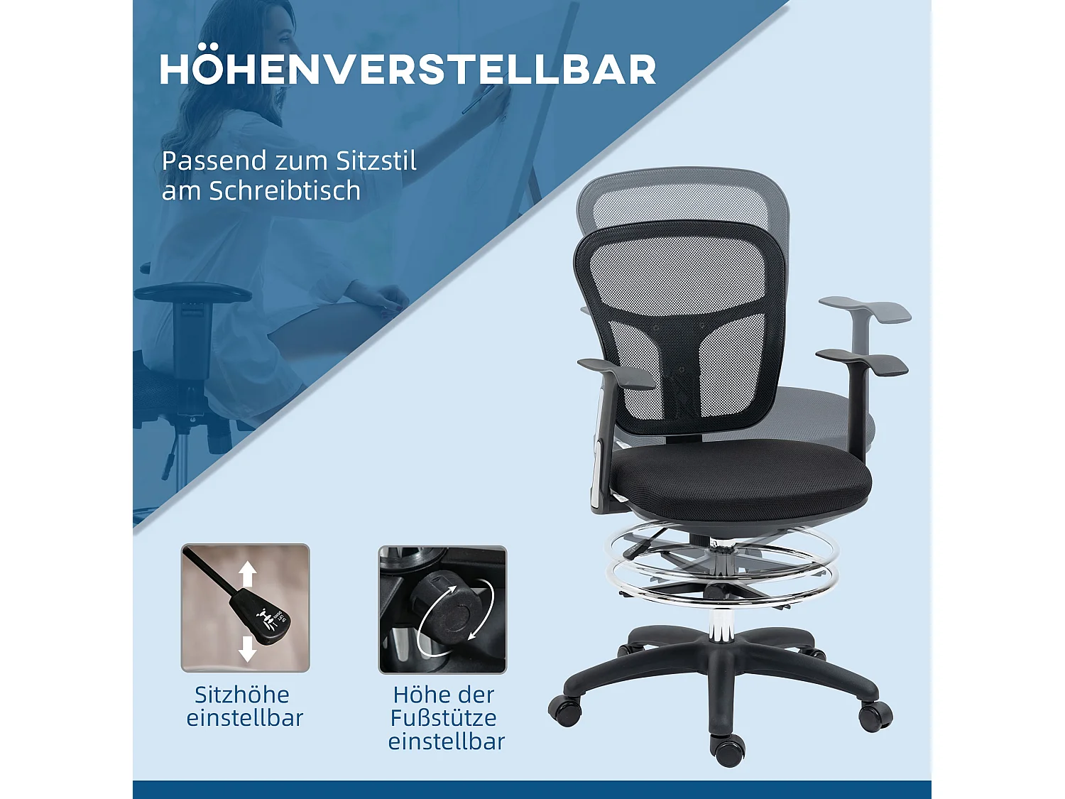 Fauteuil de bureau ergonomique type ordinateur, réglable, avec accoudoirs et repose-pieds, tissu mesh noir, pour bureau ou home office