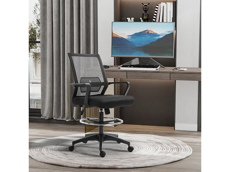 Silla de oficina ergonómica con reposapiés ajustable, soporte lumbar, giratoria, malla transpirable y función de balanceo, color negro.