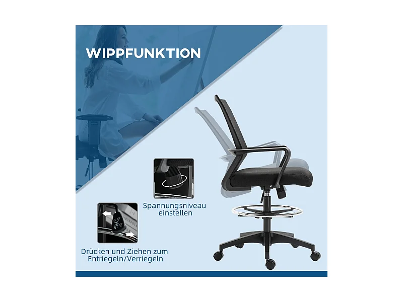Fauteuil de bureau ergonomique, avec repose-pieds réglable, soutien lombaire, pivotant, maille respirante, fonction bascule, chaise d'ordinateur noire