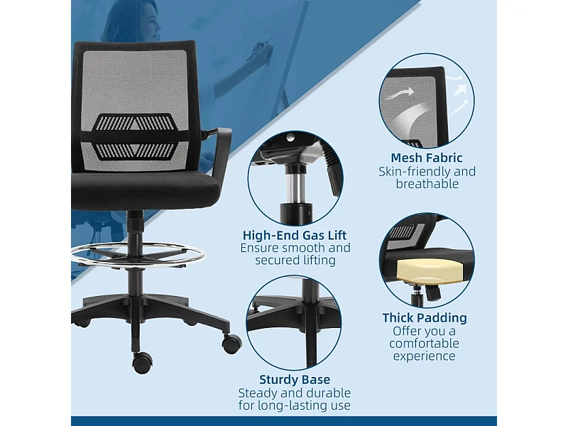 Fauteuil de bureau ergonomique, avec repose-pieds réglable, soutien lombaire, pivotant, maille respirante, fonction bascule, chaise d'ordinateur noire