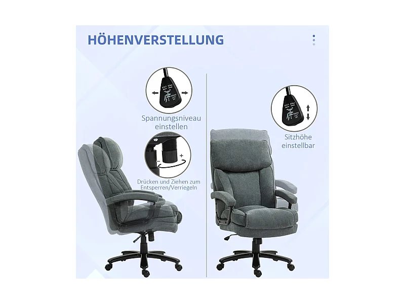Fauteuil de bureau ergonomique grand, supporte jusqu'à 200 kg, structure solide, revêtement doux gris, idéal pour le bureau ou la maison