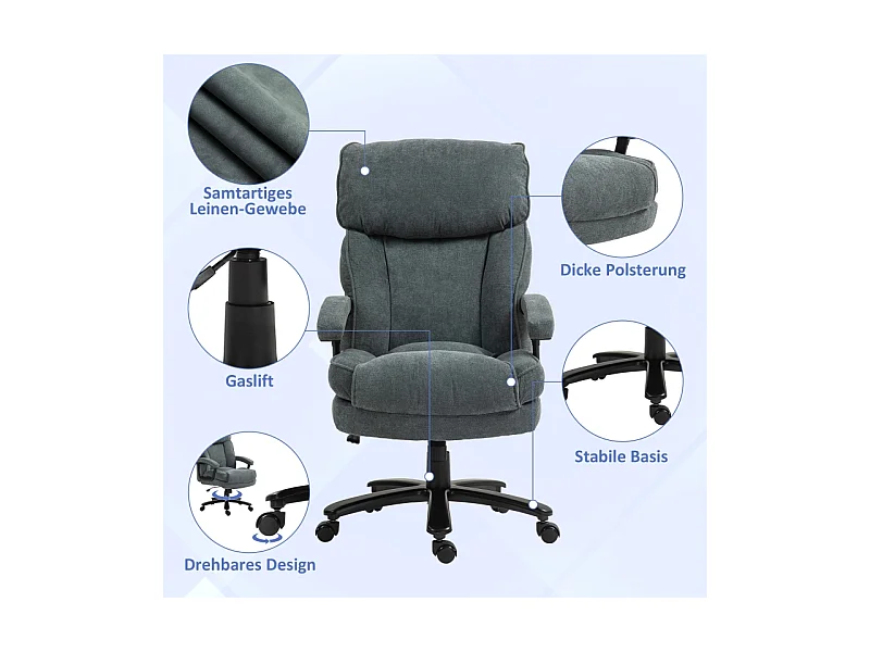 Grote ergonomische bureaustoel, belastbaar tot 200 kg, solide constructie, zachte grijze bekleding, ideaal voor op kantoor of thuis