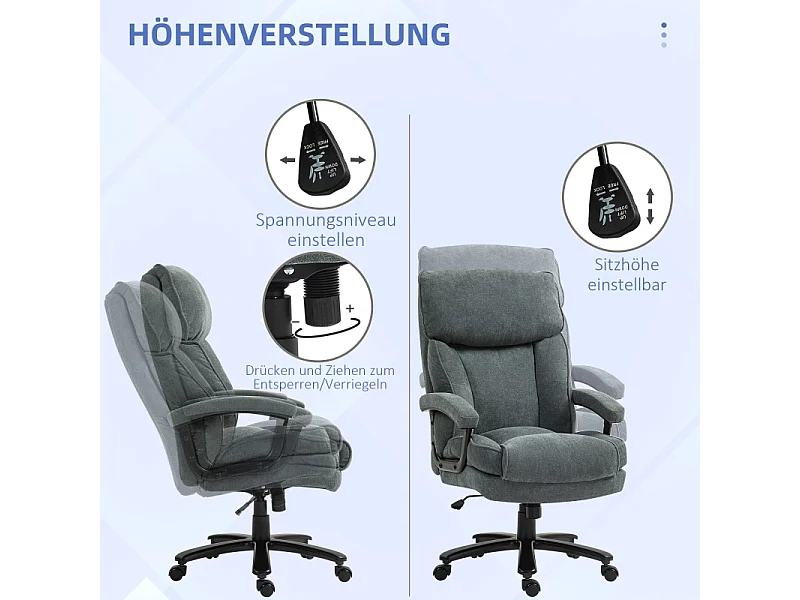 Fauteuil de bureau ergonomique grand, supporte jusqu'à 200 kg, structure solide, revêtement doux gris, idéal pour le bureau ou la maison