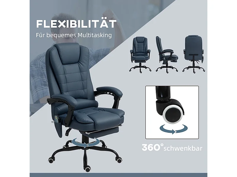 Fauteuil de bureau avec massage, 7 points de vibration, repose-pieds et dossier réglables, jusqu'à 120 kg, simili cuir bleu