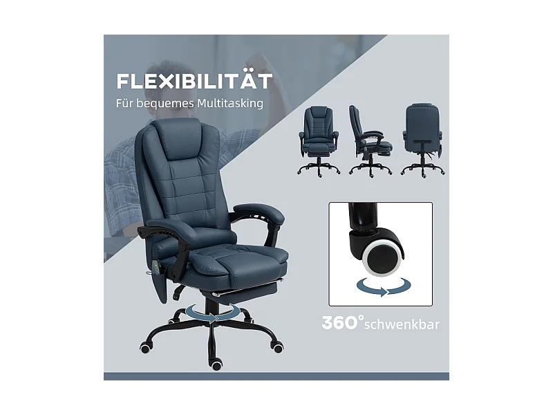 Fauteuil de bureau avec massage, 7 points de vibration, repose-pieds et dossier réglables, jusqu'à 120 kg, simili cuir bleu