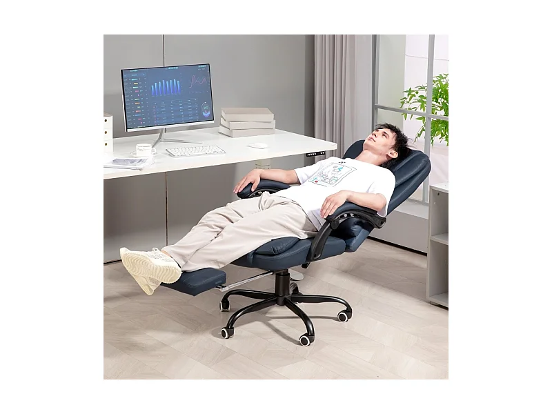 Fauteuil de bureau avec massage, 7 points de vibration, repose-pieds et dossier réglables, jusqu'à 120 kg, simili cuir bleu