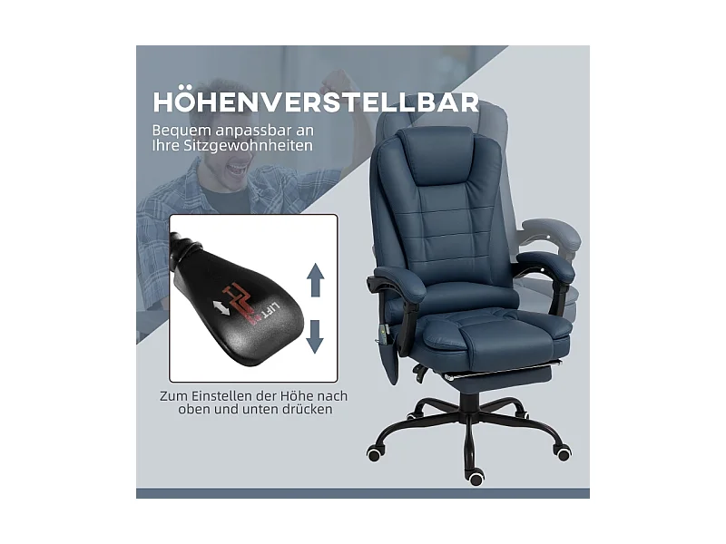 Fauteuil de bureau avec massage, 7 points de vibration, repose-pieds et dossier réglables, jusqu'à 120 kg, simili cuir bleu