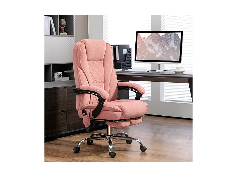 Chaise de bureau ergonomique avec massage et chauffage, inclinable, réglable en hauteur, repose-pieds, télécommande, poche latérale, rose