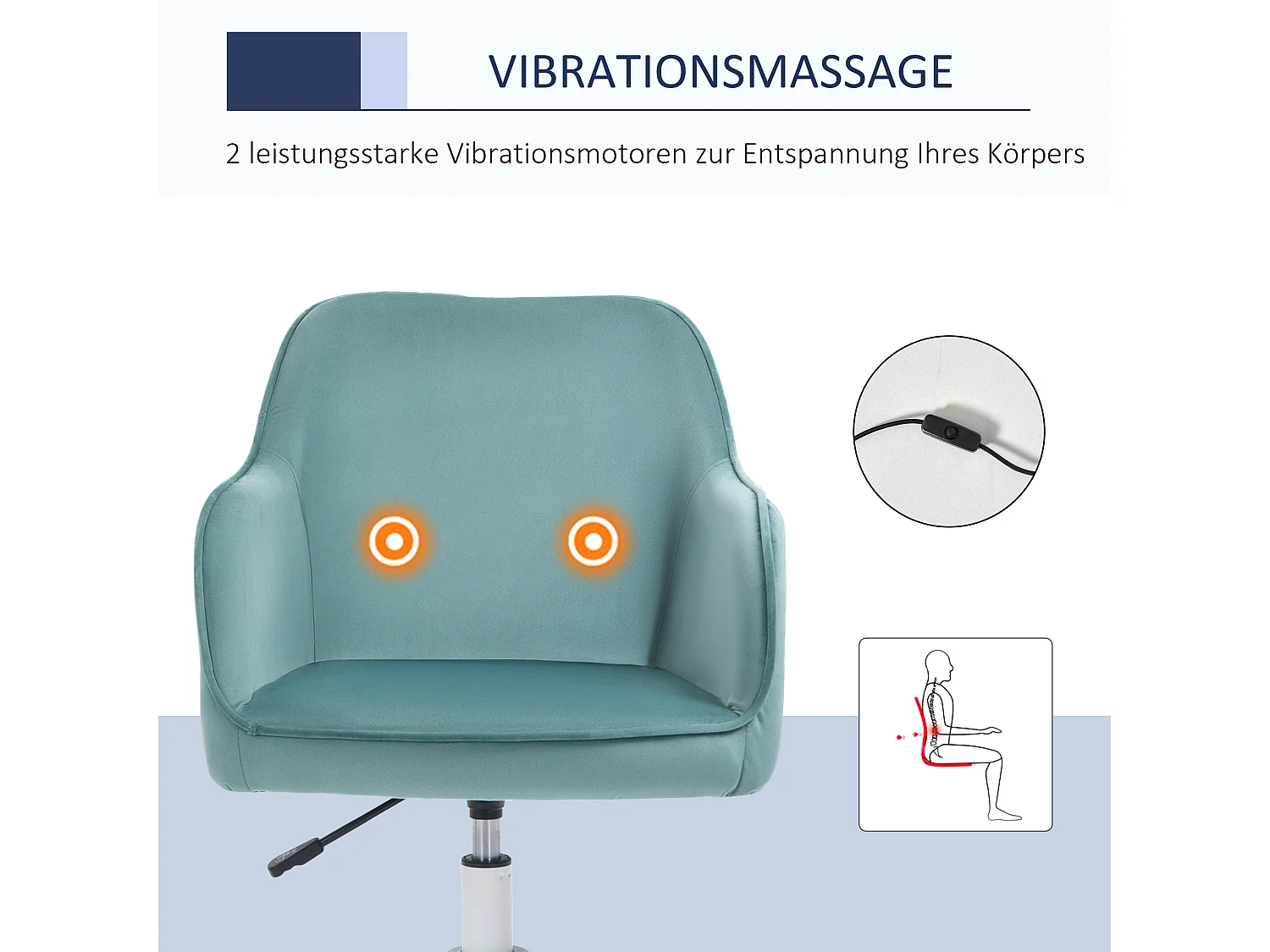 Fauteuil pivotant Vinsetto pour salon, chaise de bureau avec massage, coussin lombaire et accoudoirs, confortable et pratique, couleur vert