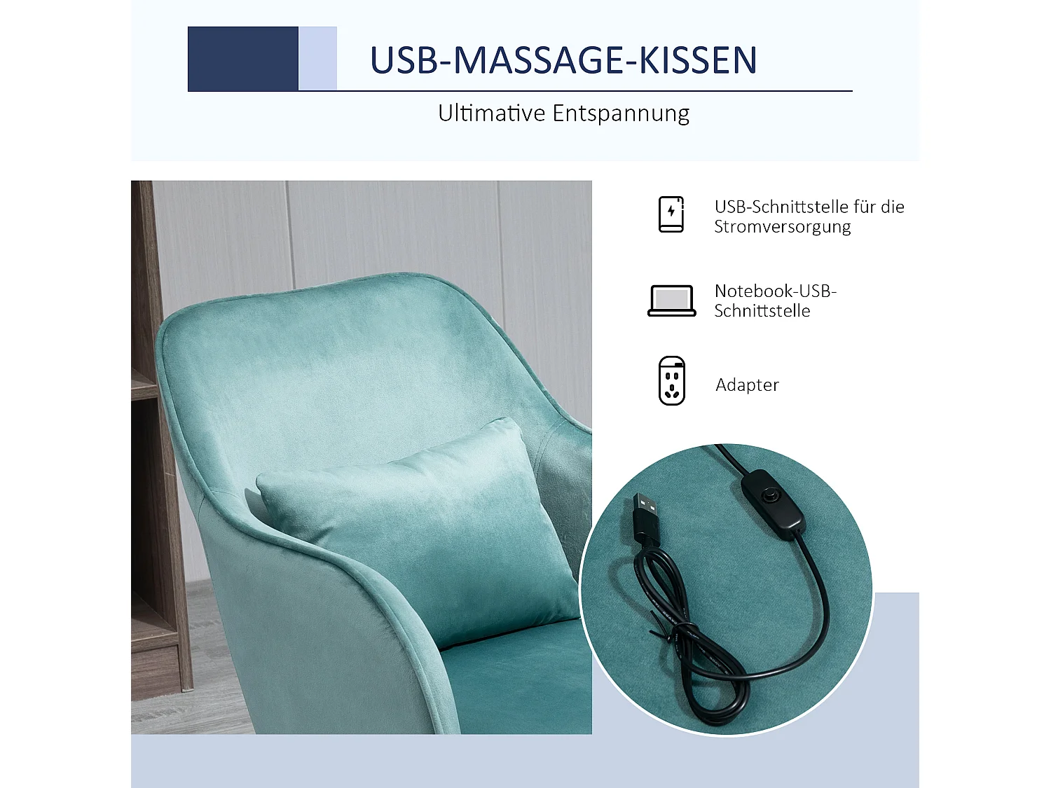 Fauteuil pivotant Vinsetto pour salon, chaise de bureau avec massage, coussin lombaire et accoudoirs, confortable et pratique, couleur vert