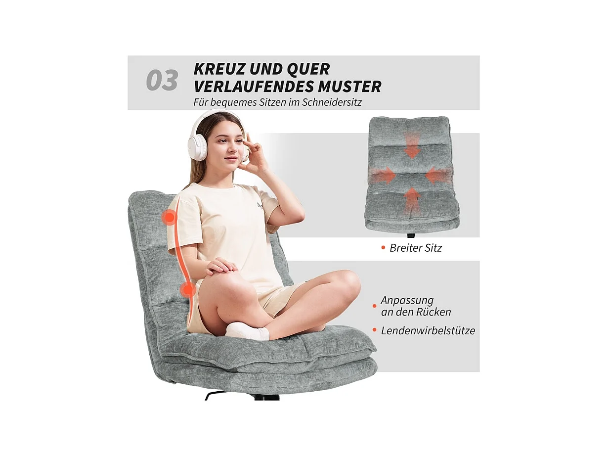 Chaise de bureau sans accoudoirs, pivotante et rembourrée, revêtement en tissu doux, réglable en hauteur, pieds en acier, couleur gris, confortable et pratique