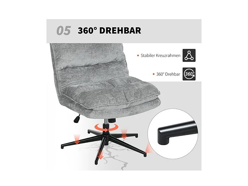 Chaise de bureau sans accoudoirs, pivotante et rembourrée, revêtement en tissu doux, réglable en hauteur, pieds en acier, couleur gris, confortable et pratique