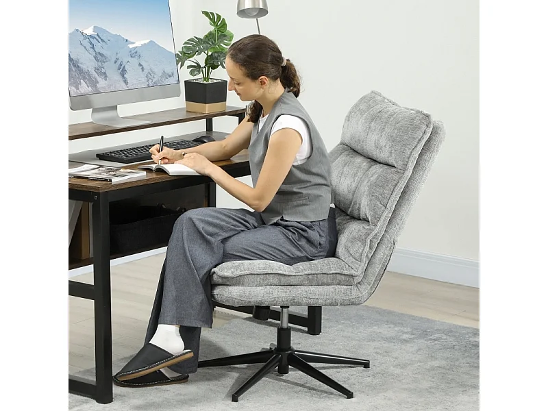 Chaise de bureau sans accoudoirs, pivotante et rembourrée, revêtement en tissu doux, réglable en hauteur, pieds en acier, couleur gris, confortable et pratique