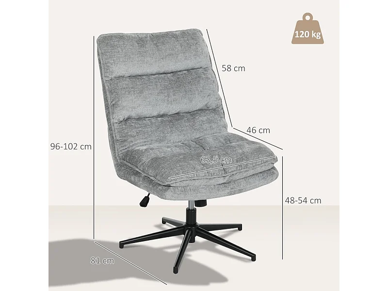 Chaise de bureau sans accoudoirs, pivotante et rembourrée, revêtement en tissu doux, réglable en hauteur, pieds en acier, couleur gris, confortable et pratique