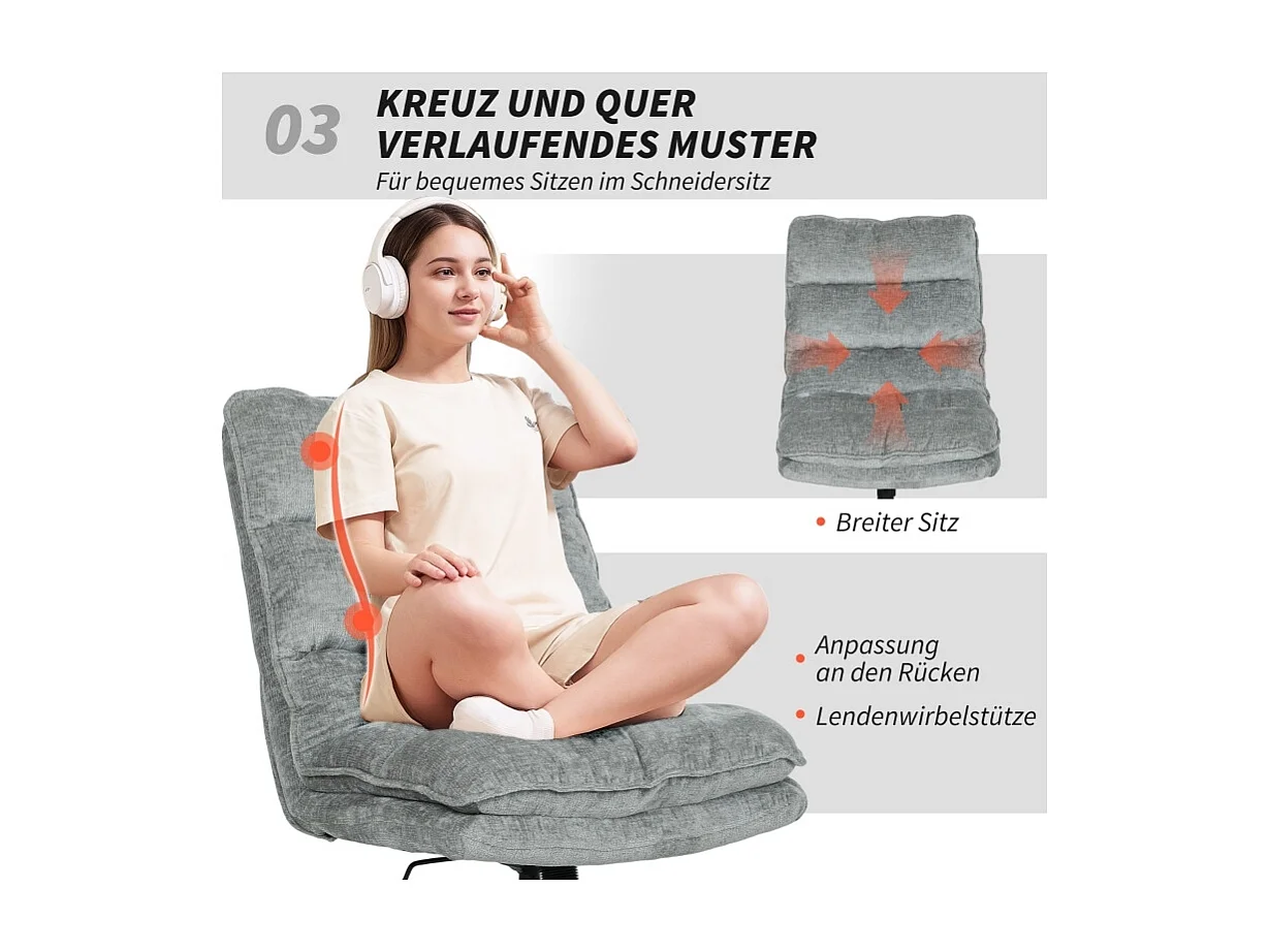 Chaise de bureau sans accoudoirs, pivotante et rembourrée, revêtement en tissu doux, réglable en hauteur, pieds en acier, couleur gris, confortable et pratique