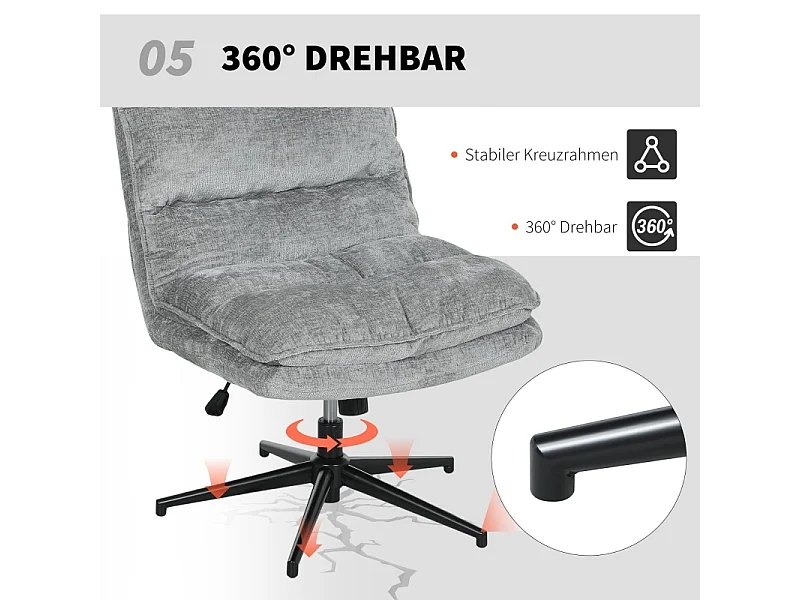 Chaise de bureau sans accoudoirs, pivotante et rembourrée, revêtement en tissu doux, réglable en hauteur, pieds en acier, couleur gris, confortable et pratique
