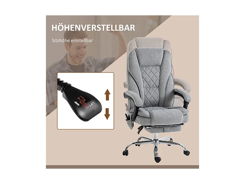 Chaise de bureau ergonomique avec massage vibrant et fonction chauffante, réglable en hauteur, repose-pieds, télécommande, gris