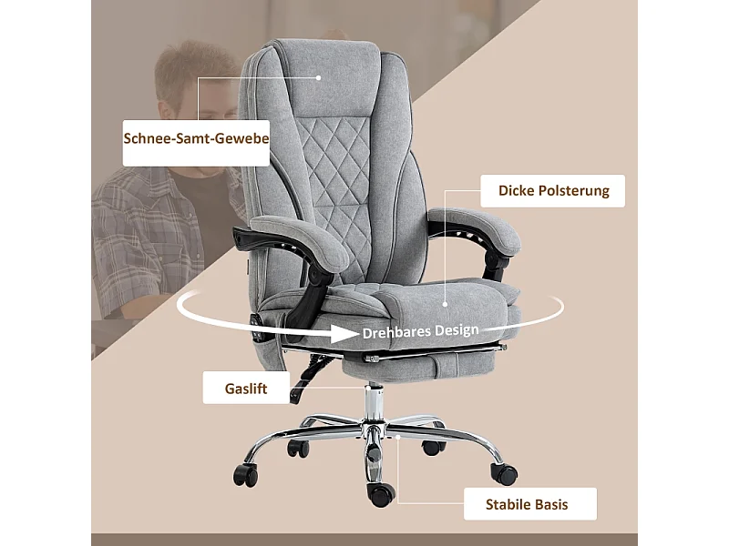 Chaise de bureau ergonomique avec massage vibrant et fonction chauffante, réglable en hauteur, repose-pieds, télécommande, gris