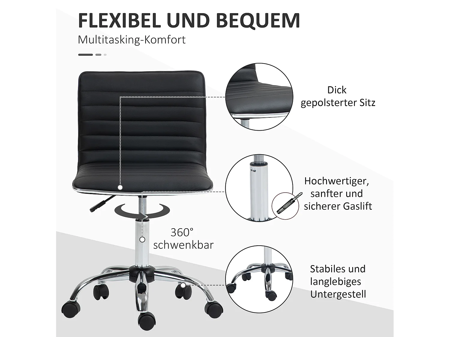 Chaise de bureau pivotante avec dossier, réglable en hauteur, supporte jusqu'à 120 kg, idéale pour bureau ou salle de travail, noir