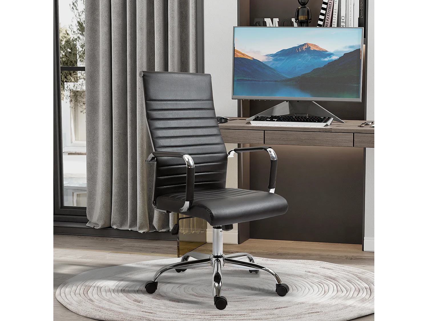 Cadeira executiva ergonômica, altura ajustável, assento acolchoado em couro sintético e espuma, preta, confortável para escritório