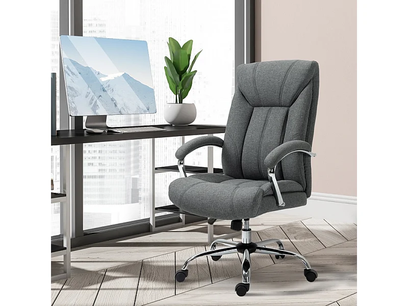 Chaise de bureau ergonomique avec fonction bascule, accoudoirs rembourrés et appui-tête, réglable en hauteur, pivotante, nylon, gris,