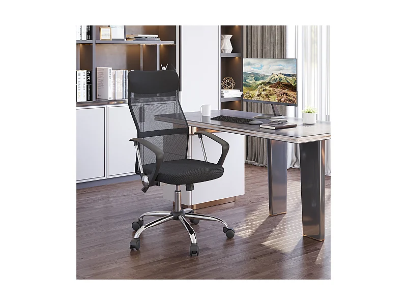 Silla de oficina de malla, regulable en altura, silla ergonómica para juegos, giratoria con función de balanceo, cómoda y práctica, color negro