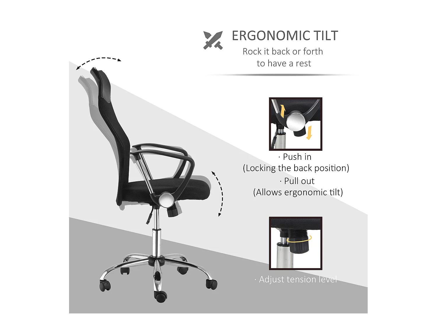 Chaise de bureau en maille, réglable en hauteur, ergonomique type gaming, pivotante avec fonction bascule, confortable et pratique, noir