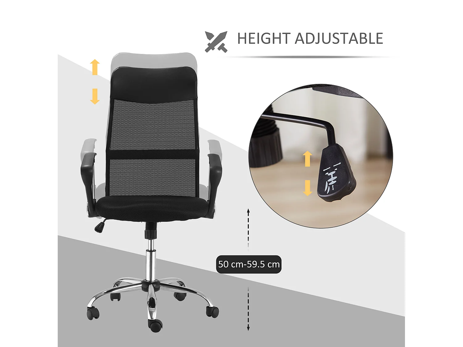 Cadeira de escritório em malha, ajustável em altura, ergonômica, giratória com função de balanço, confortável e prática, preta