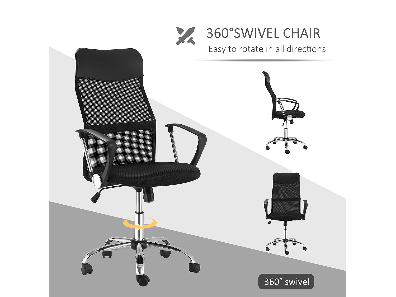 Cadeira de escritório em malha, ajustável em altura, ergonômica, giratória com função de balanço, confortável e prática, preta