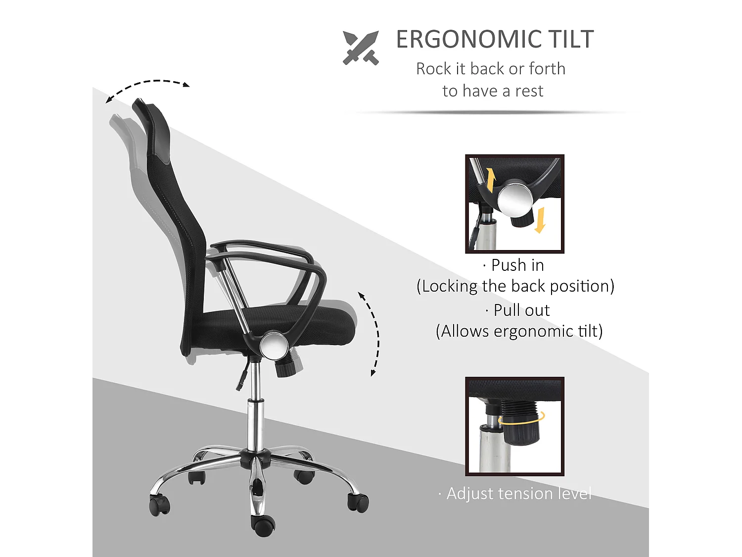Cadeira de escritório em malha, ajustável em altura, ergonômica, giratória com função de balanço, confortável e prática, preta