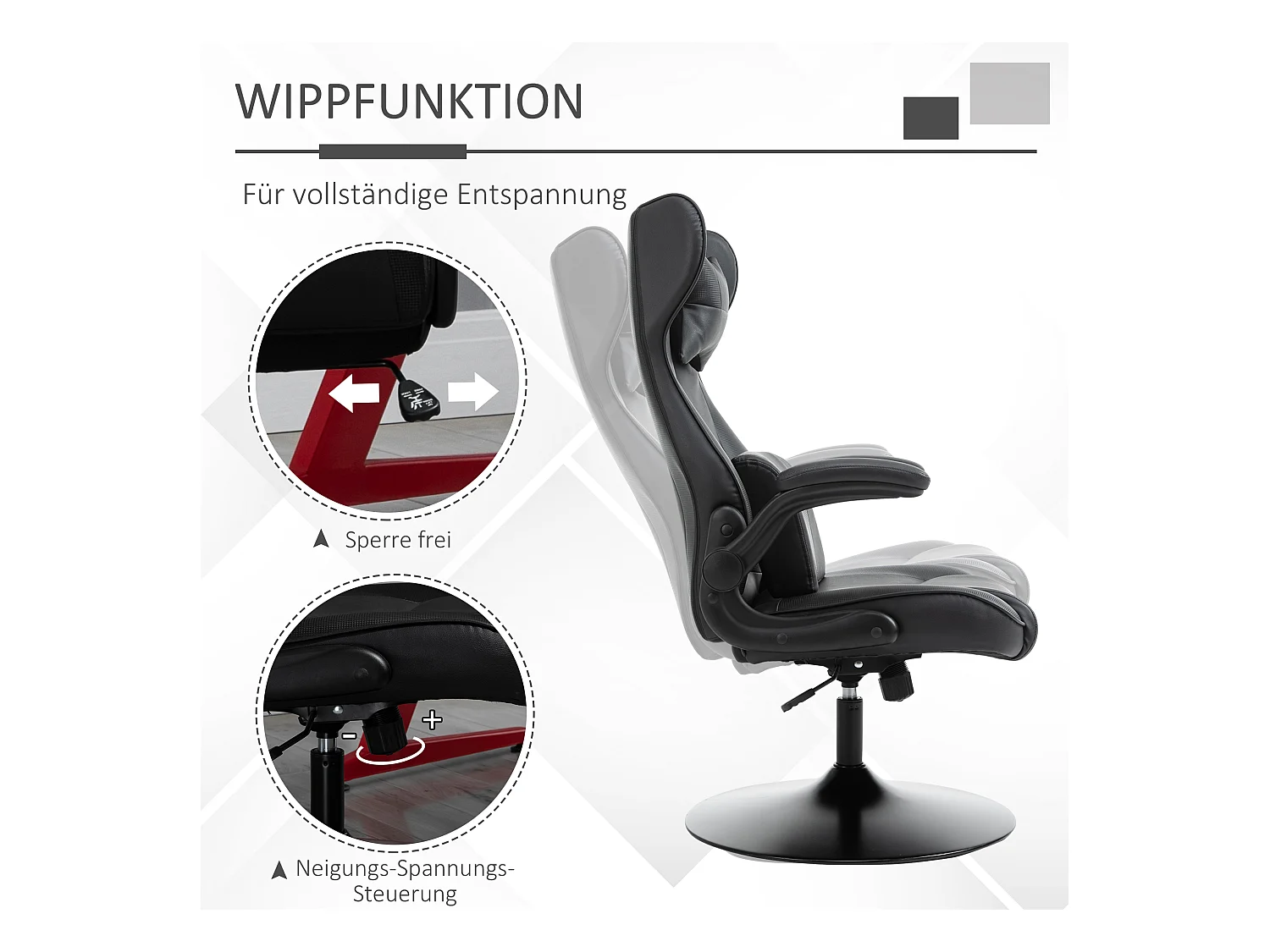 Fauteuil ergonomique type gaming, réglable en hauteur avec fonction bascule, siège rembourré noir, idéal pour bureau et home office