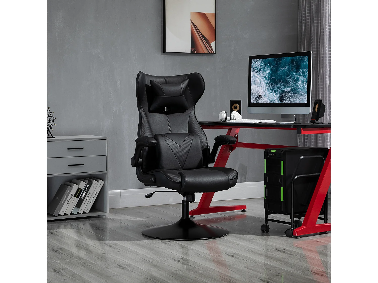Fauteuil ergonomique type gaming, réglable en hauteur avec fonction bascule, siège rembourré noir, idéal pour bureau et home office