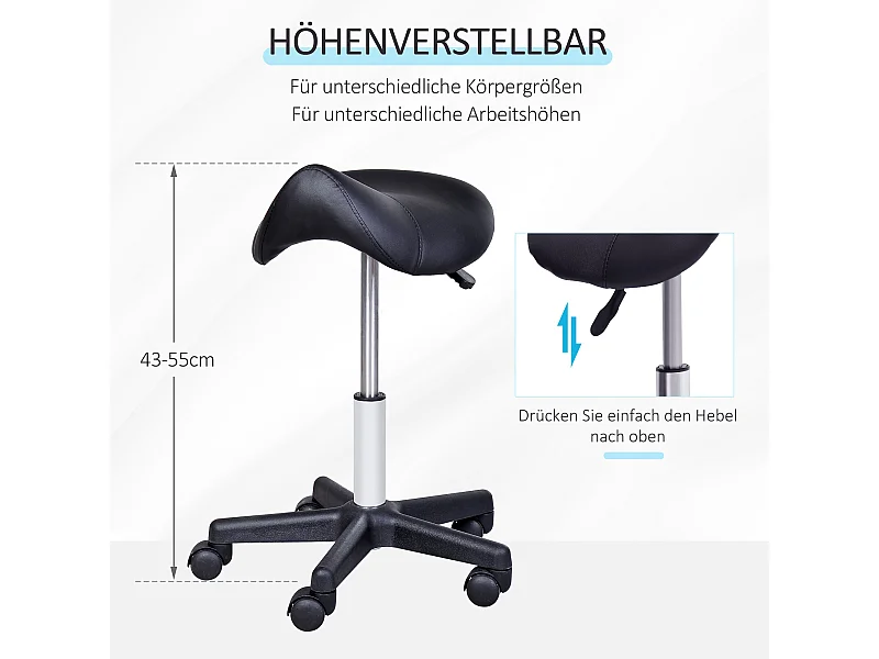 Sgabello girevole regolabile in altezza con rotelle, rivestimento in similpelle nera, perfetto per parrucchiere e ufficio