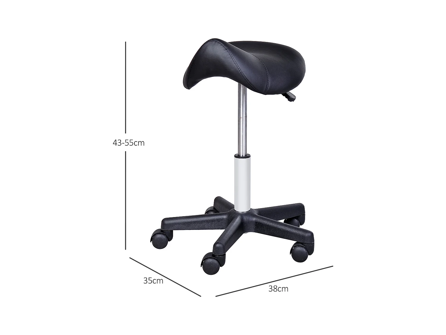 Tabouret roulant réglable en hauteur, pivotant avec roulettes, revêtement en cuir synthétique noir, parfait pour coiffure et bureau