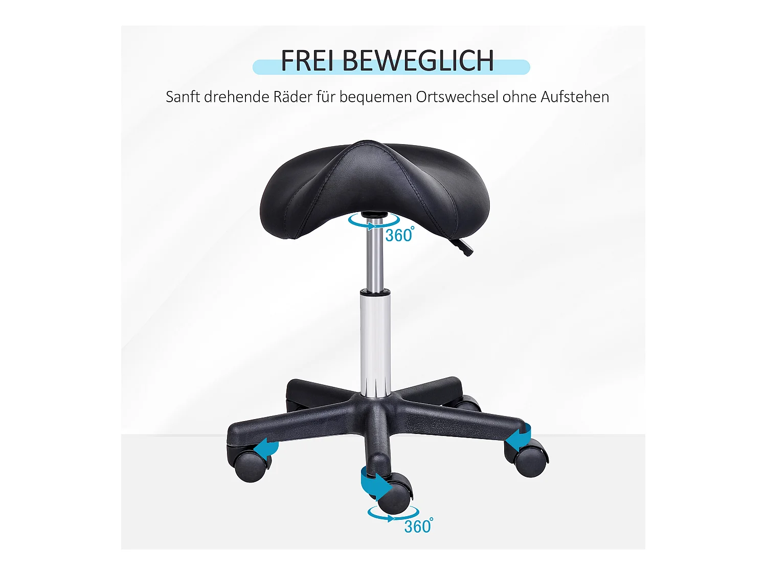 Tabouret roulant réglable en hauteur, pivotant avec roulettes, revêtement en cuir synthétique noir, parfait pour coiffure et bureau