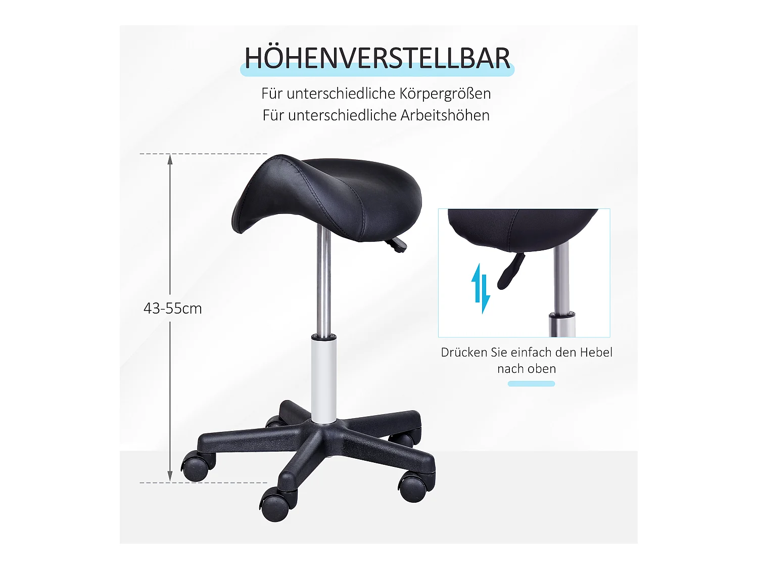 In hoogte verstelbare rolkruk, draaibaar met wielen, zwarte kunstlederen bekleding, perfect voor kappers en kantoor