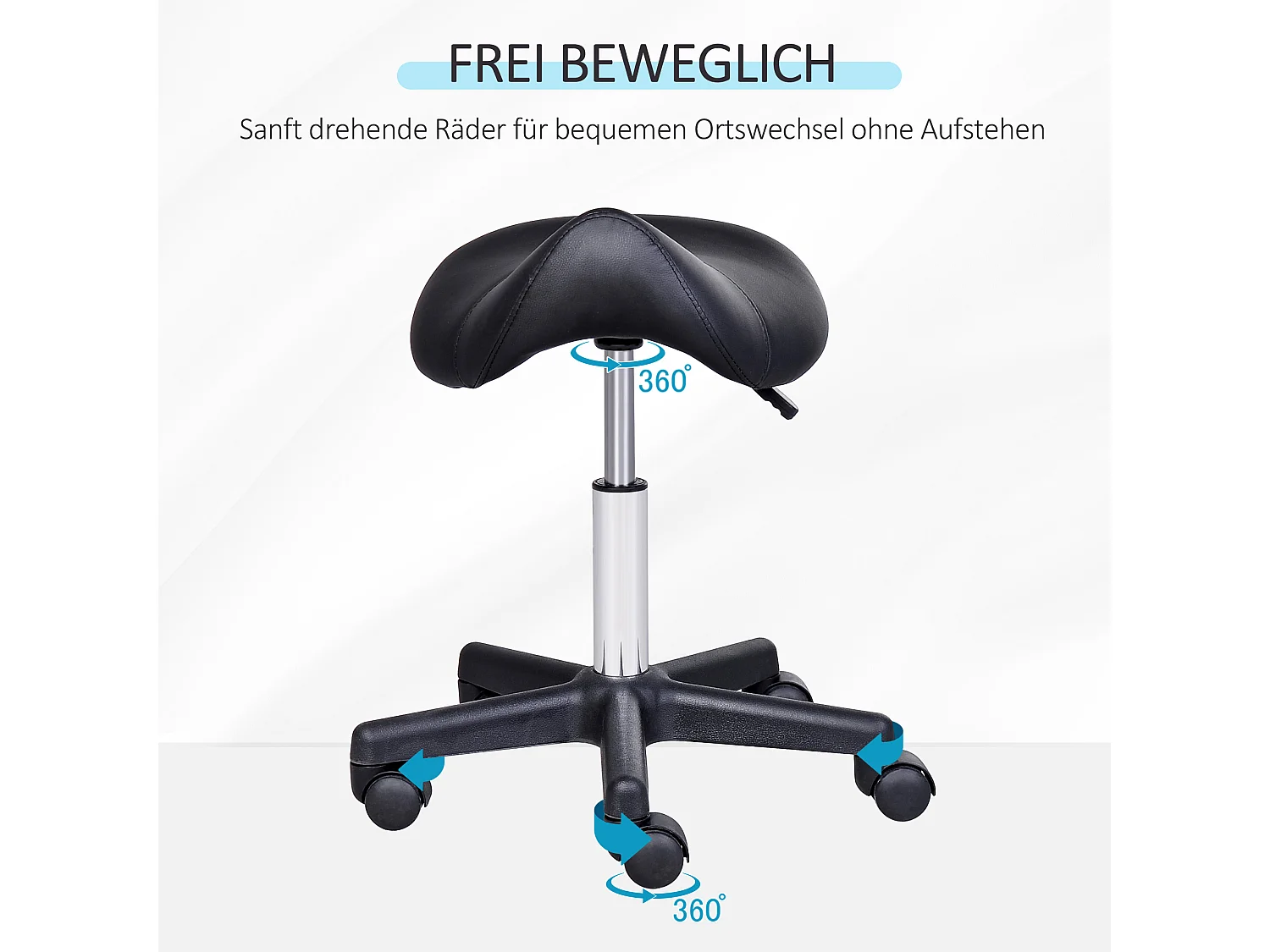 Banco giratório com rodízios e altura ajustável, estofamento em couro sintético preto, ideal para cabeleireiro e escritório