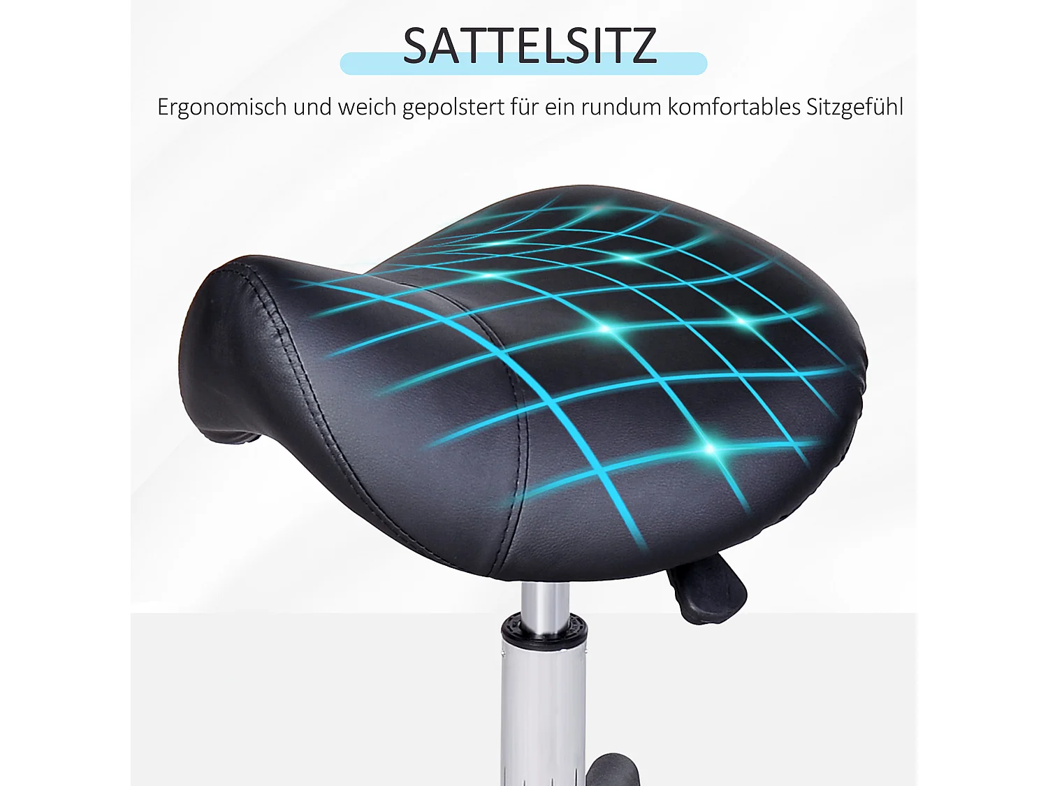 Banco giratório com rodízios e altura ajustável, estofamento em couro sintético preto, ideal para cabeleireiro e escritório