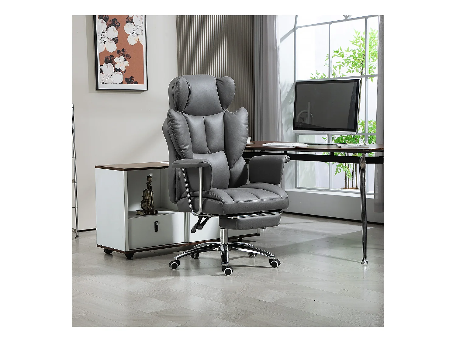 Fauteuil de bureau inclinable avec repose-pieds, ergonomique, réglable en hauteur, rembourré, jusqu'à 120 kg, pour bureau ou atelier, gris