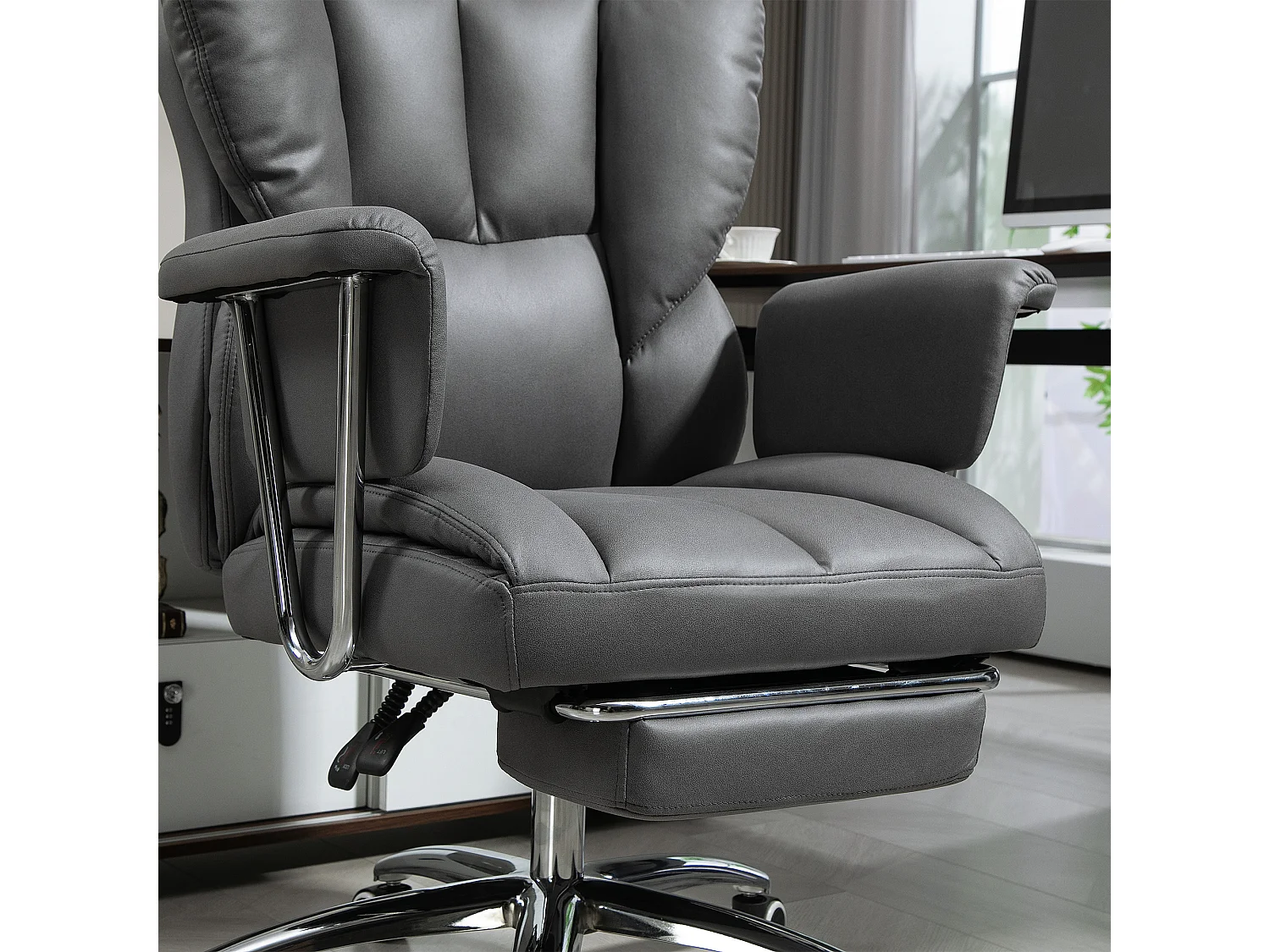 Fauteuil de bureau inclinable avec repose-pieds, ergonomique, réglable en hauteur, rembourré, jusqu'à 120 kg, pour bureau ou atelier, gris