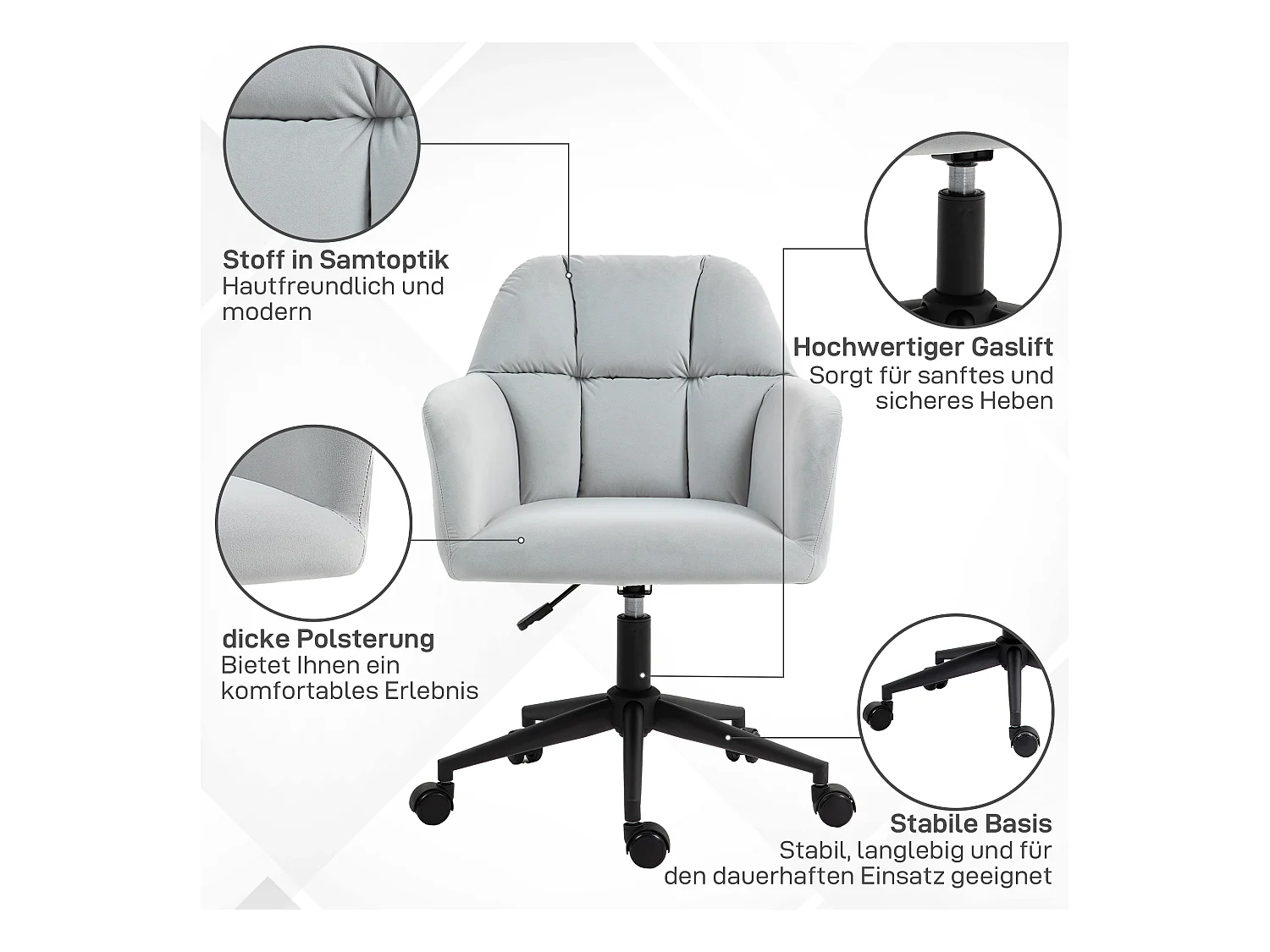 Fauteuil pivotant moderne, réglable en hauteur, avec accoudoirs, pour bureau ou salon, velours gris clair, supporte jusqu'à 120 kg