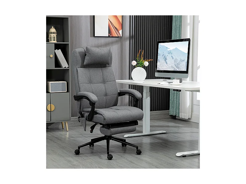 Cadeira de escritório ergonômica com massagem lombar e aquecimento, altura ajustável, apoio de cabeça e apoio para os pés, capa de poliéster, cinza