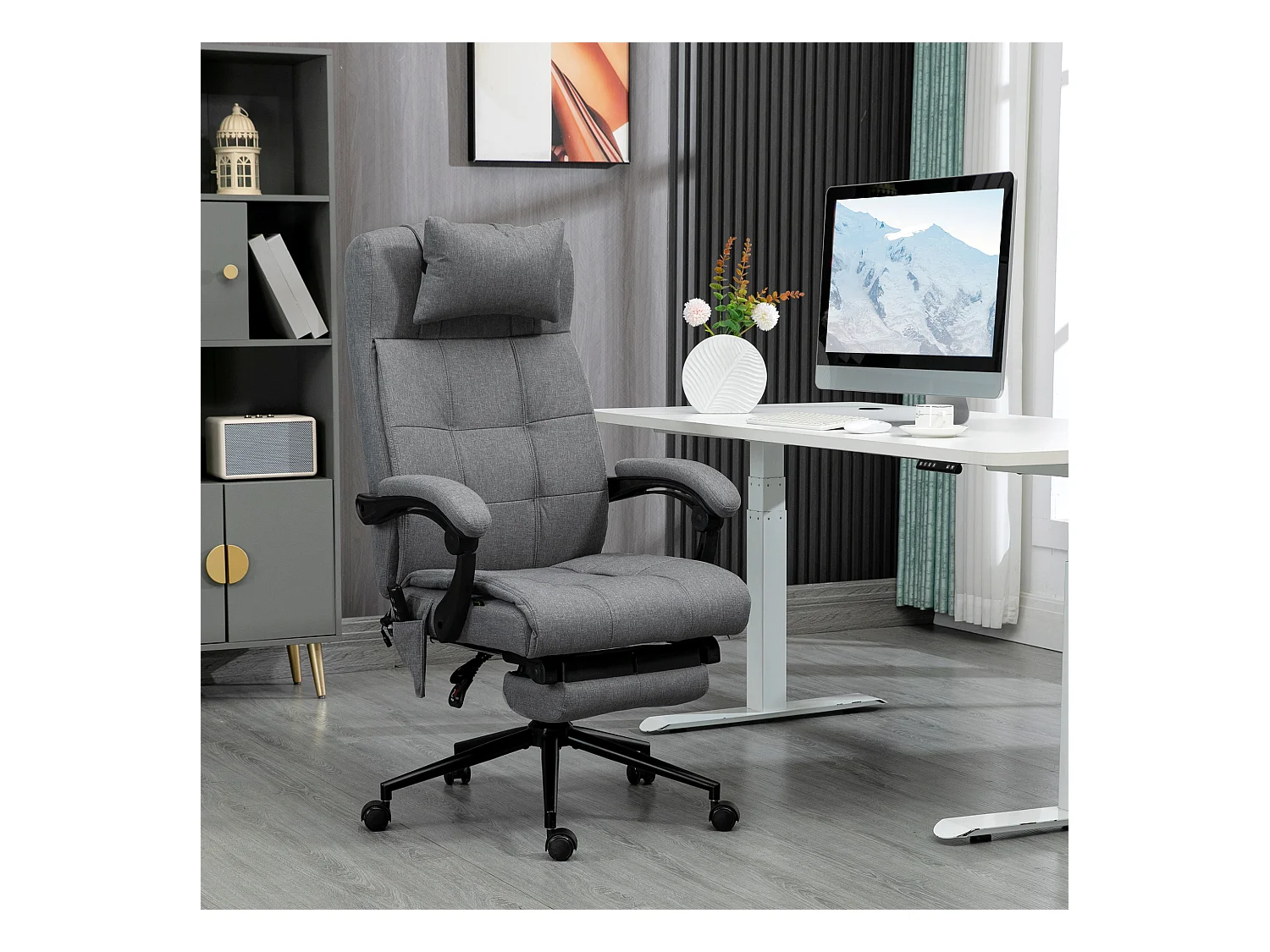 Chaise de bureau ergonomique avec massage et chauffage lombaire, réglable en hauteur, appui-tête et repose-pieds, revêtement polyester, gris