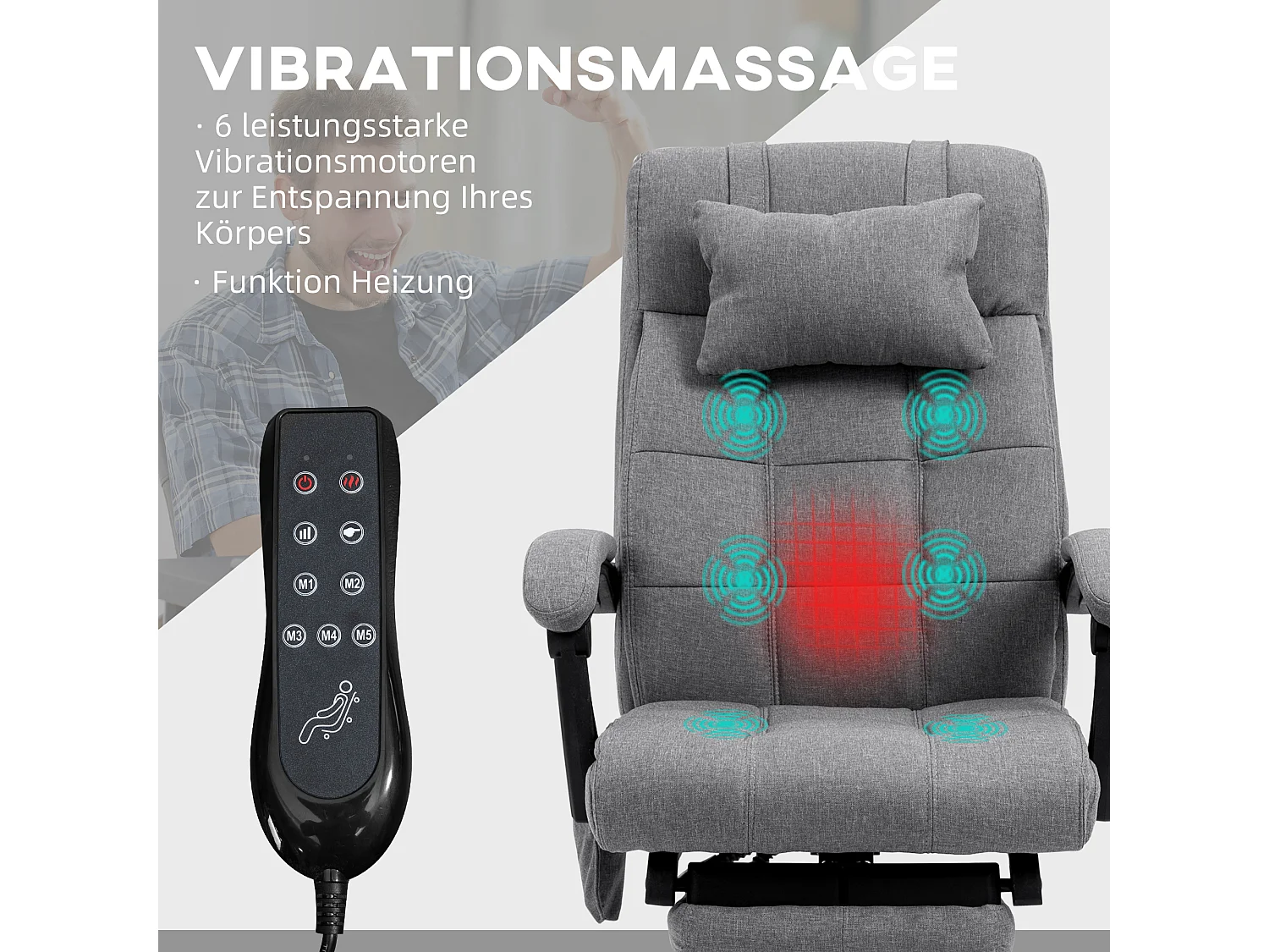 Chaise de bureau ergonomique avec massage et chauffage lombaire, réglable en hauteur, appui-tête et repose-pieds, revêtement polyester, gris