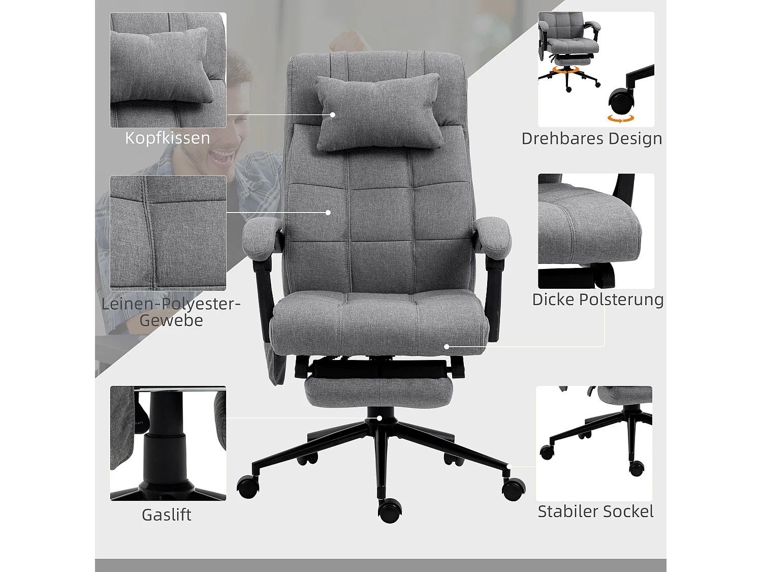Chaise de bureau ergonomique avec massage et chauffage lombaire, réglable en hauteur, appui-tête et repose-pieds, revêtement polyester, gris
